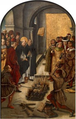 El Gnosticismo y su influencia. Santo Domingo quemando los libros de los cátaros, obra de Pedro de Berruguete.